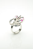 Handmade silver ring with pink rubies and white zirconia