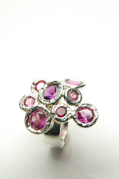 Sea of Pink Rubies Silver Ring 
